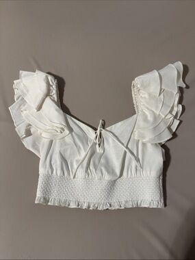 Alice & Olivia White Ruffle Sleeve Crop Top